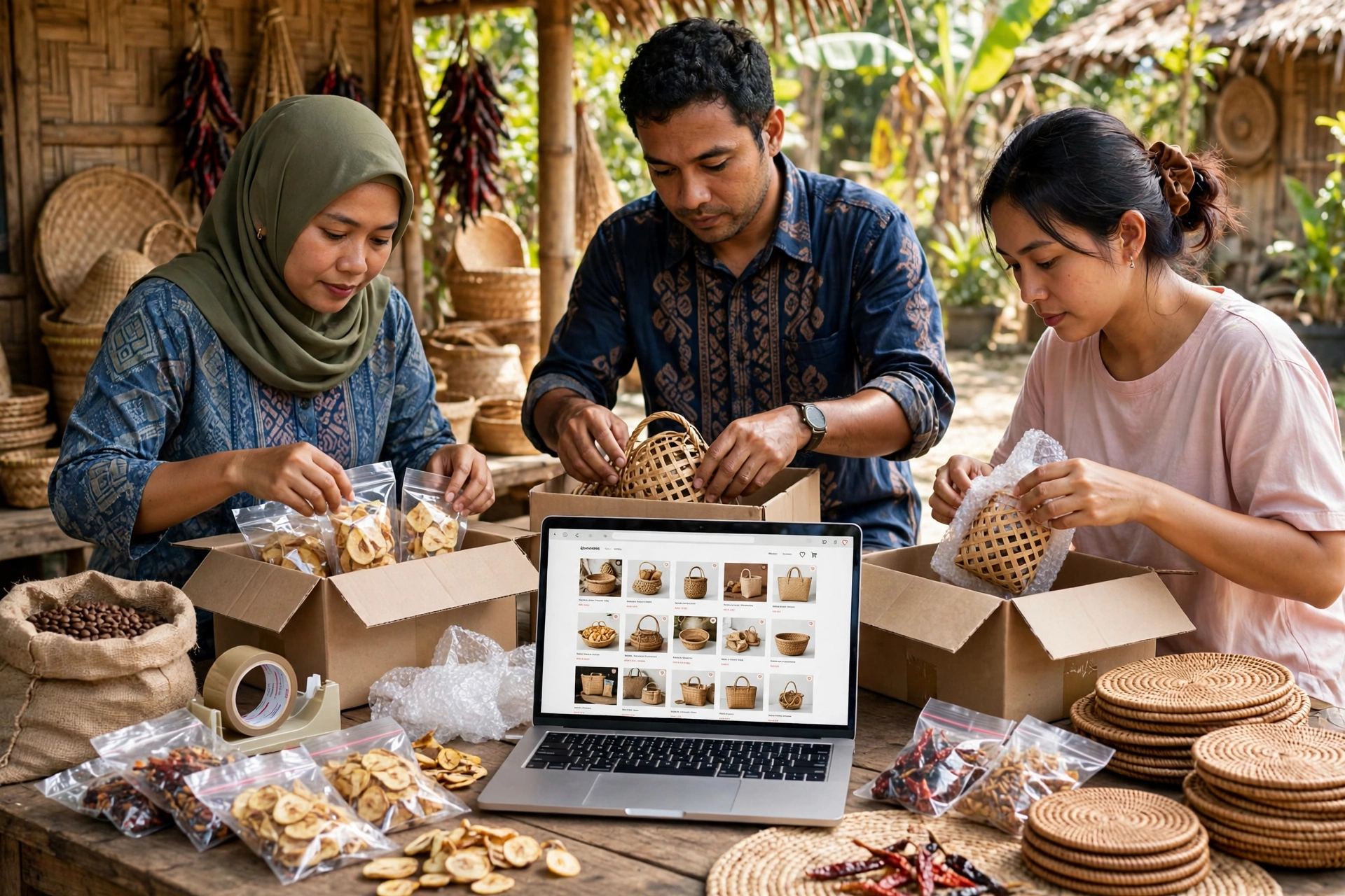 Pelaku UMKM desa mengemas pesanan online