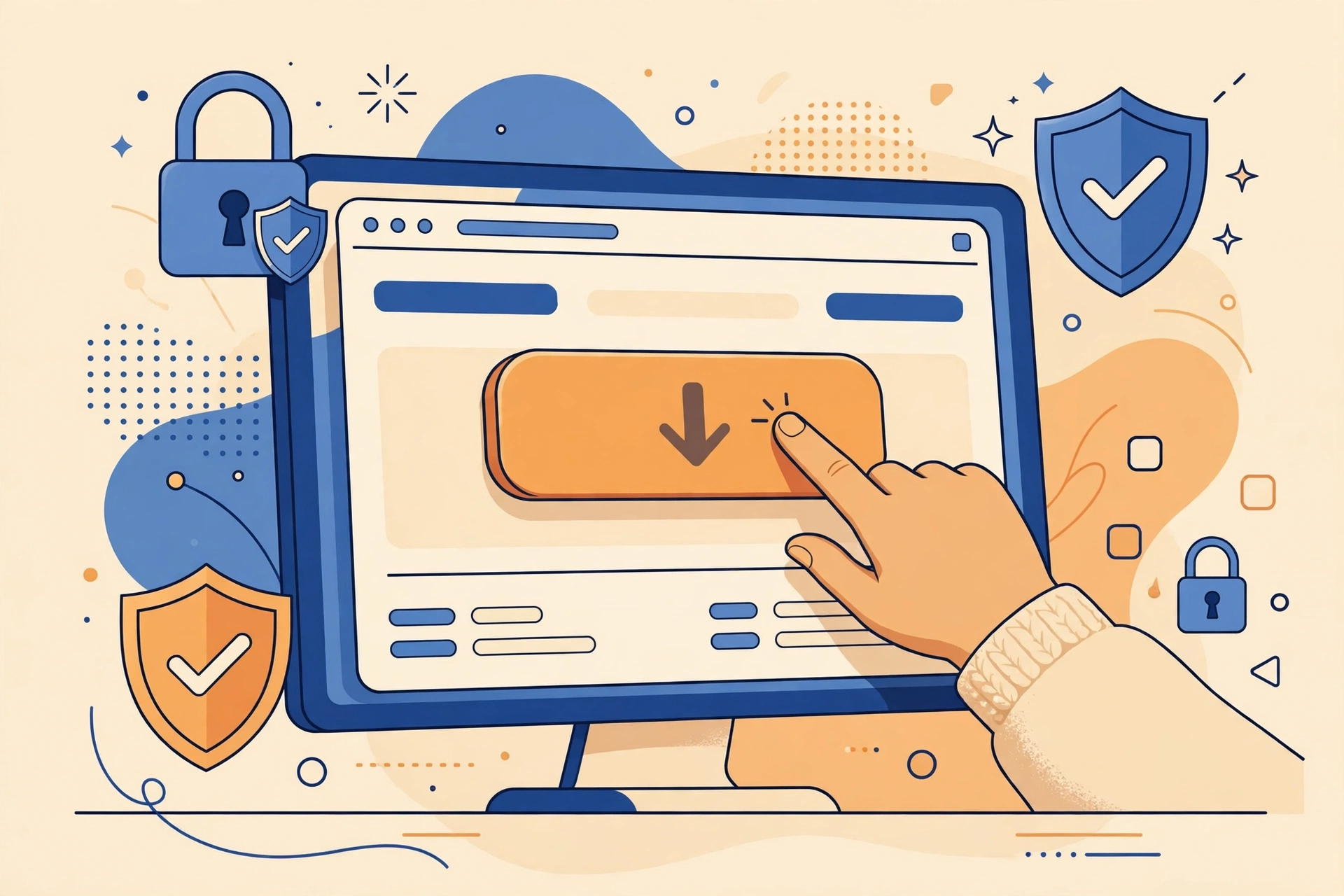 Ilustrasi mengunduh aplikasi AnyDesk dari situs resmi dengan ikon keamanan