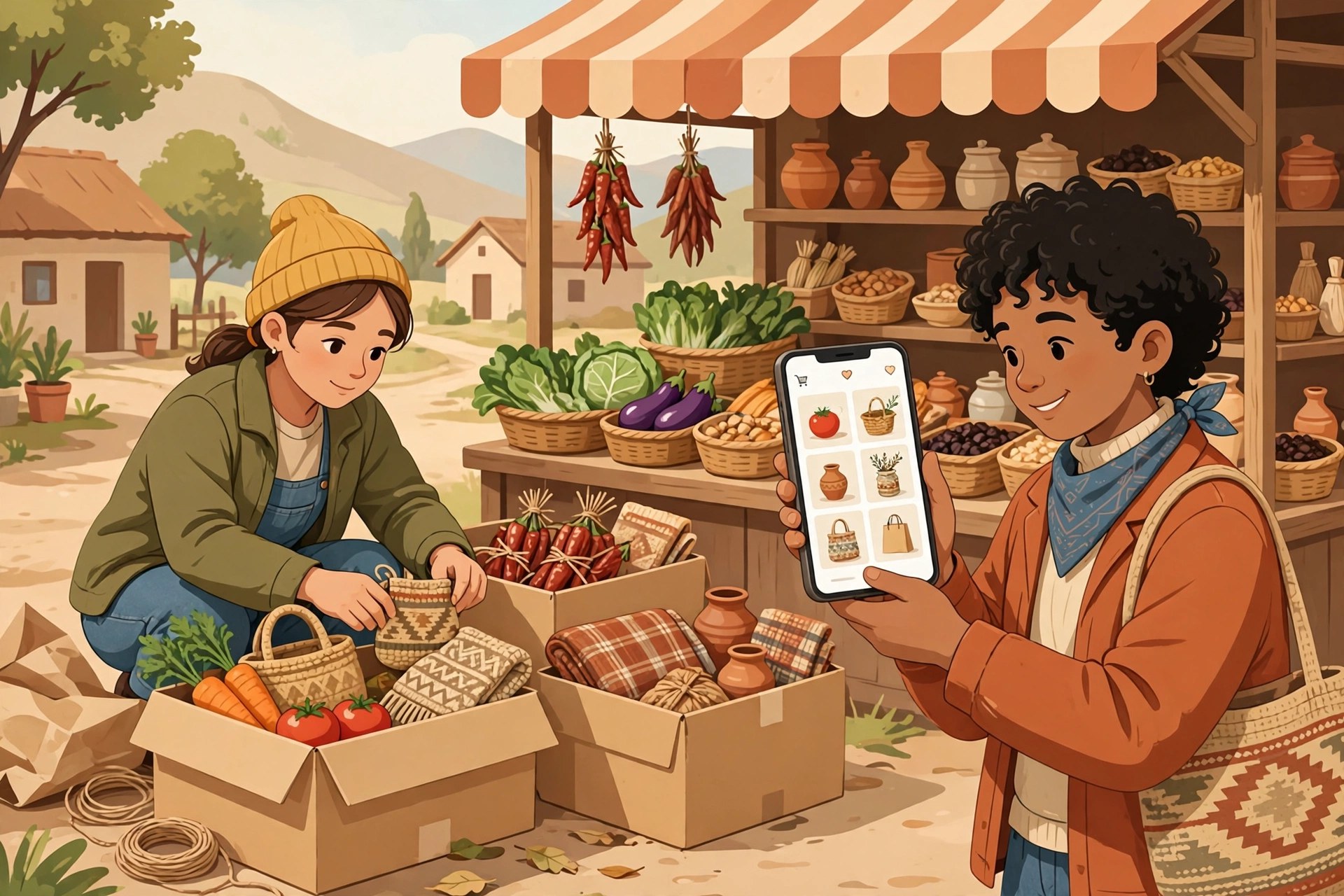 Ilustrasi pelaku usaha desa mengemas hasil bumi dan kerajinan untuk dijual secara online