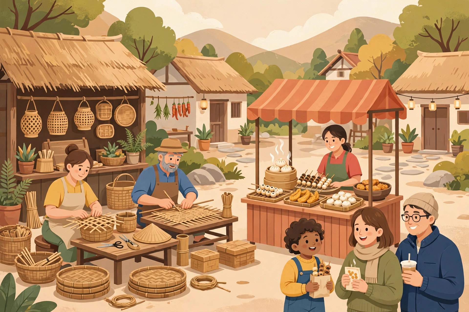 Pengrajin desa membuat kerajinan bambu dan warung kuliner tradisional