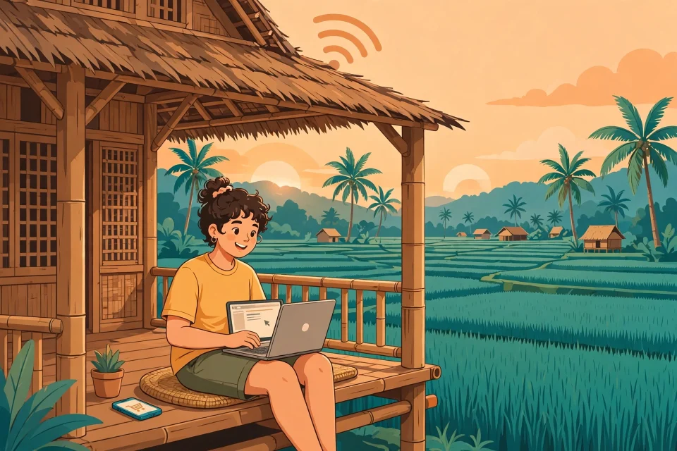 Ilustrasi orang bekerja dengan laptop di teras rumah desa dengan sinyal WiFi, suasana sawah hijau di pagi hari