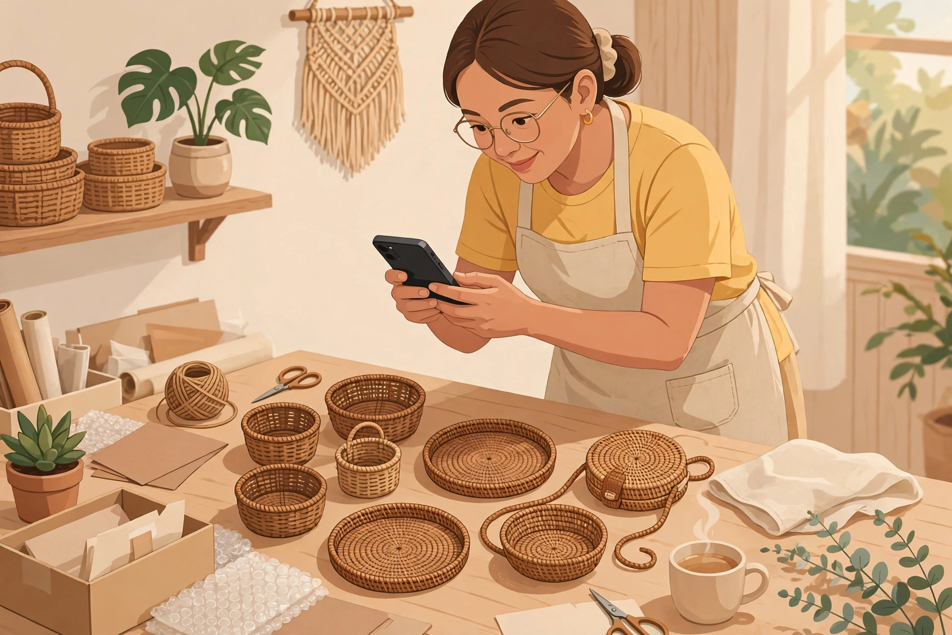 Ilustrasi ibu rumah tangga memotret kerajinan anyaman untuk dijual secara online
