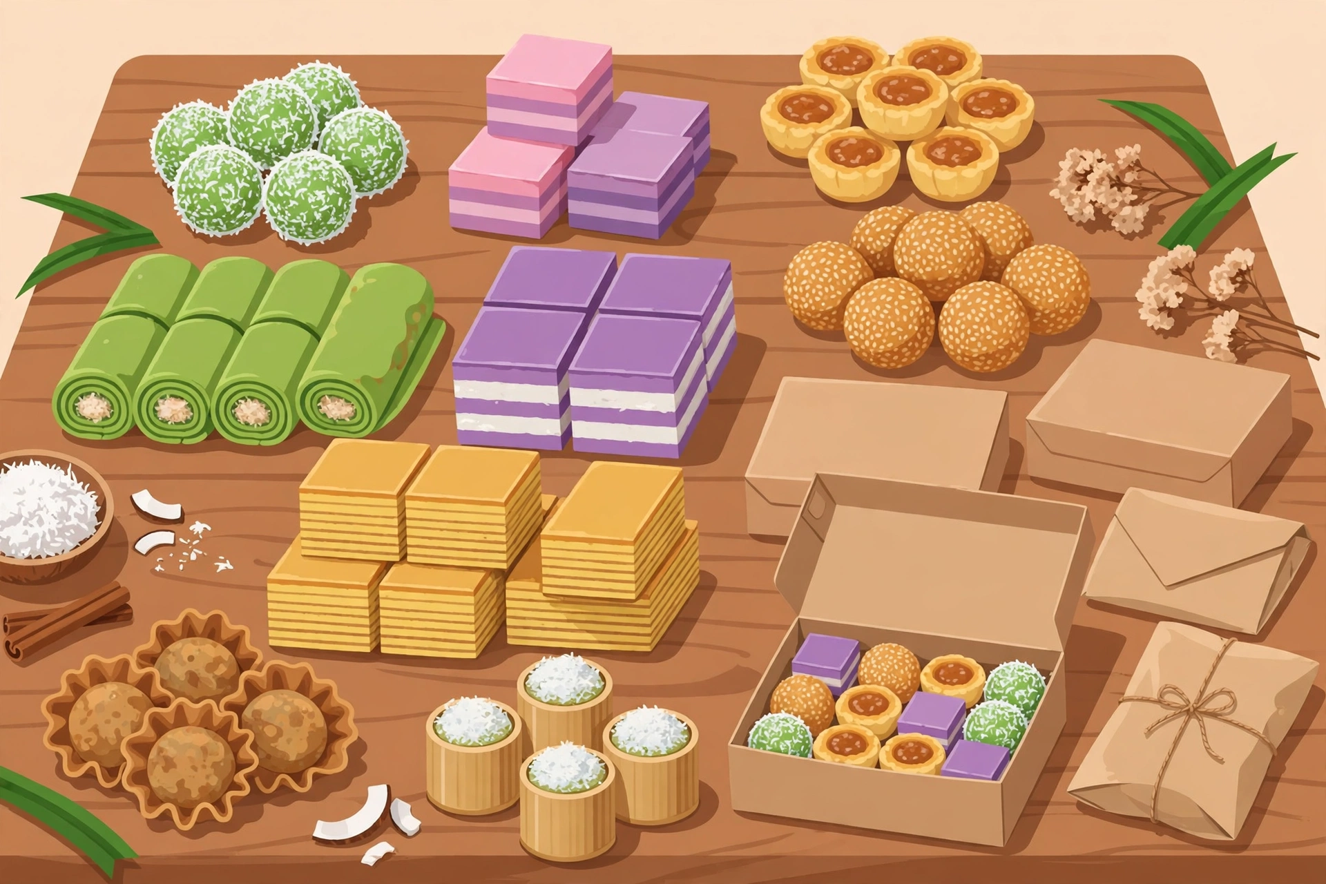 Ilustrasi aneka kue tradisional Indonesia untuk usaha kuliner rumahan