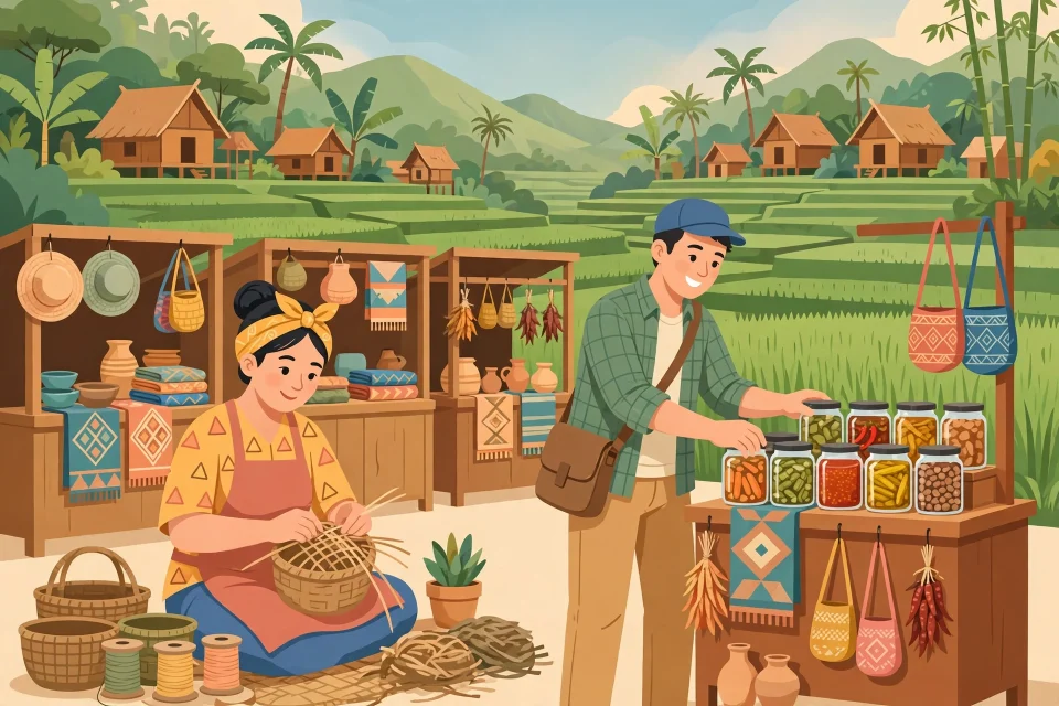 Ilustrasi wirausaha kreatif di desa dengan kerajinan dan produk lokal