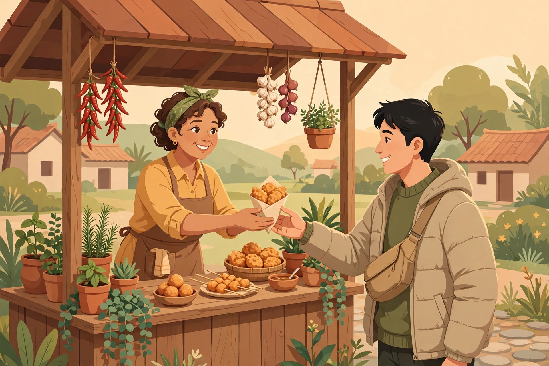 Ilustrasi warung kuliner khas desa yang ramai pembeli