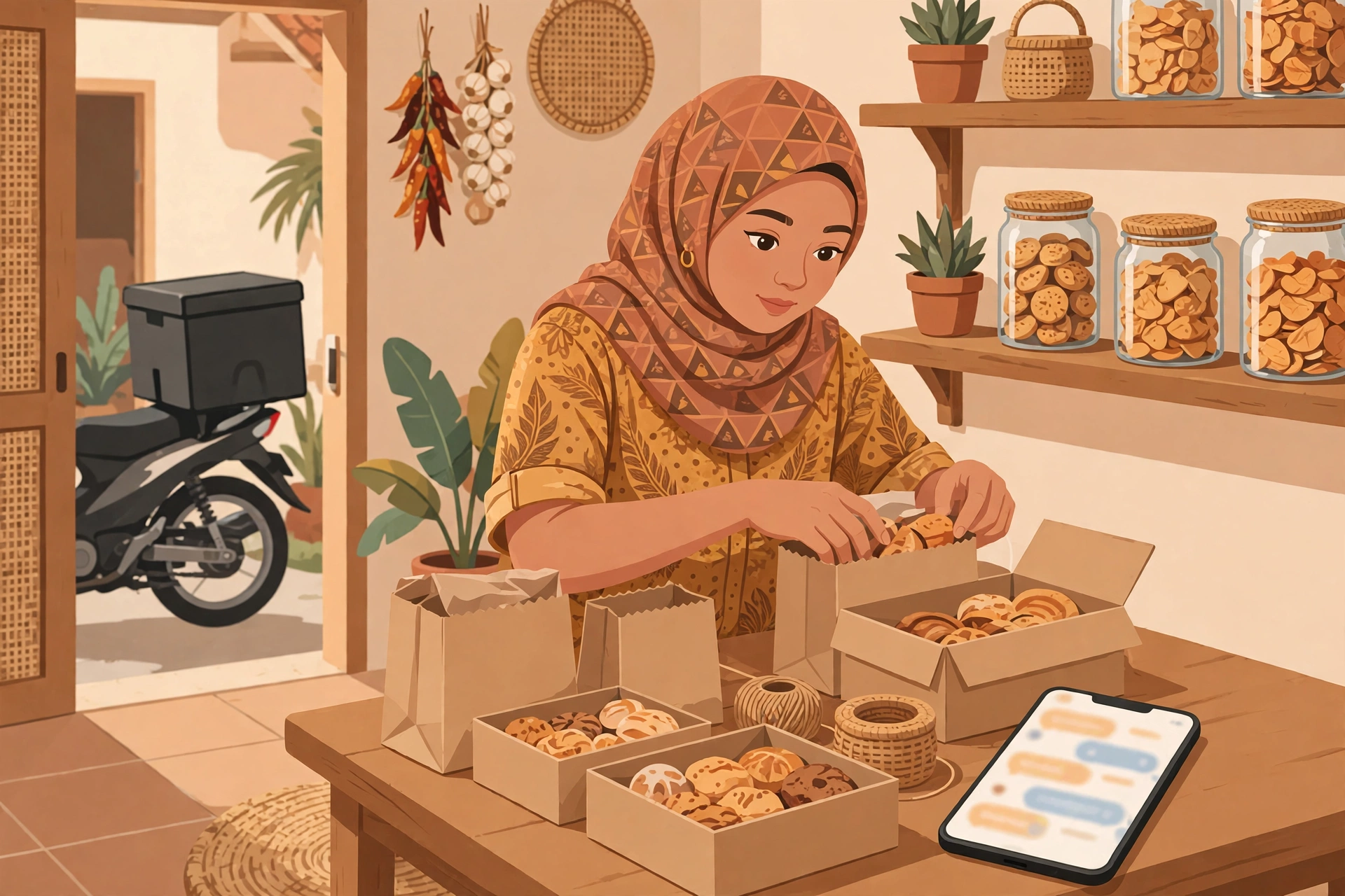 Ilustrasi perempuan desa mengemas pesanan makanan untuk dijual online