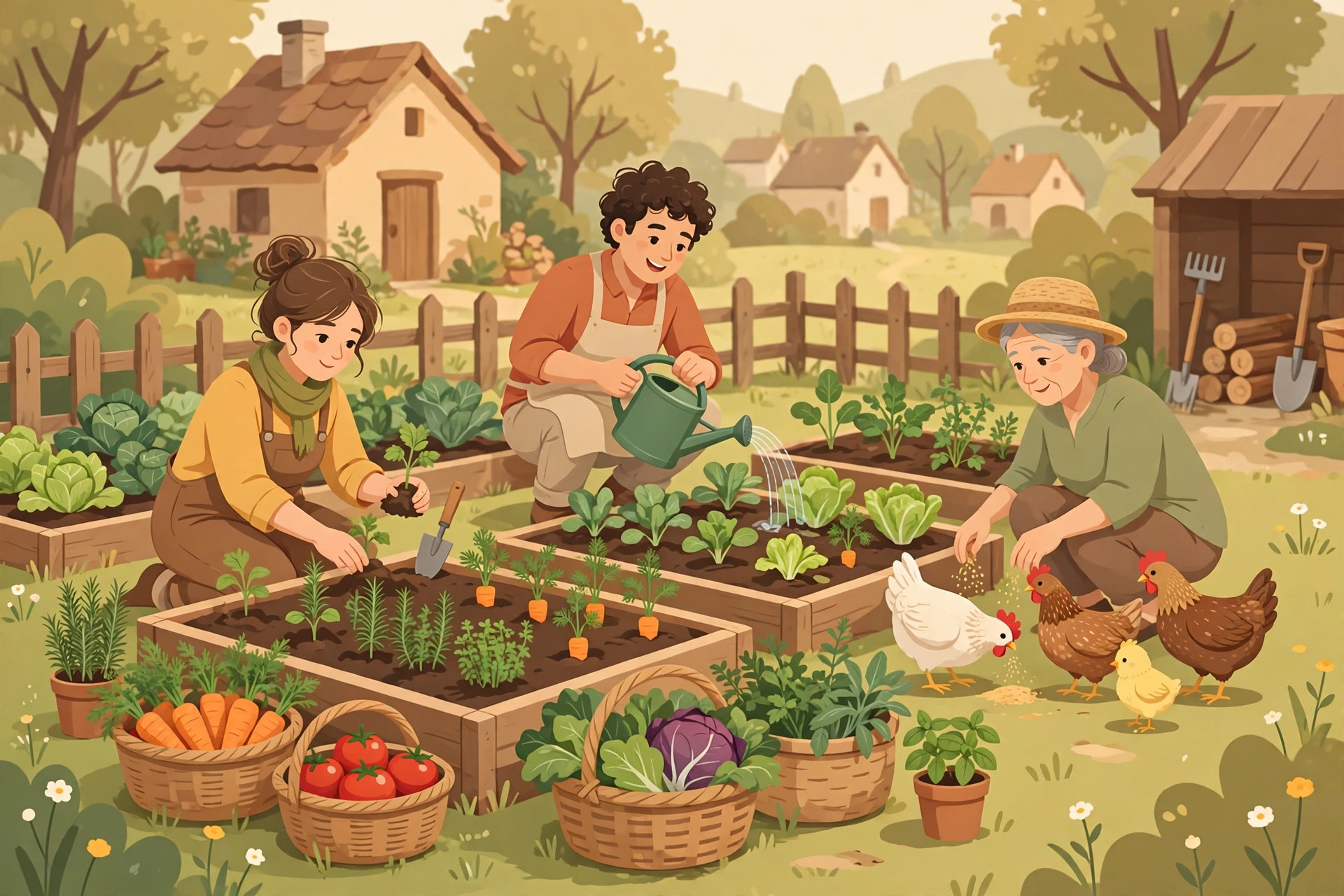 Ilustrasi budidaya tanaman herbal dan ternak ayam di desa