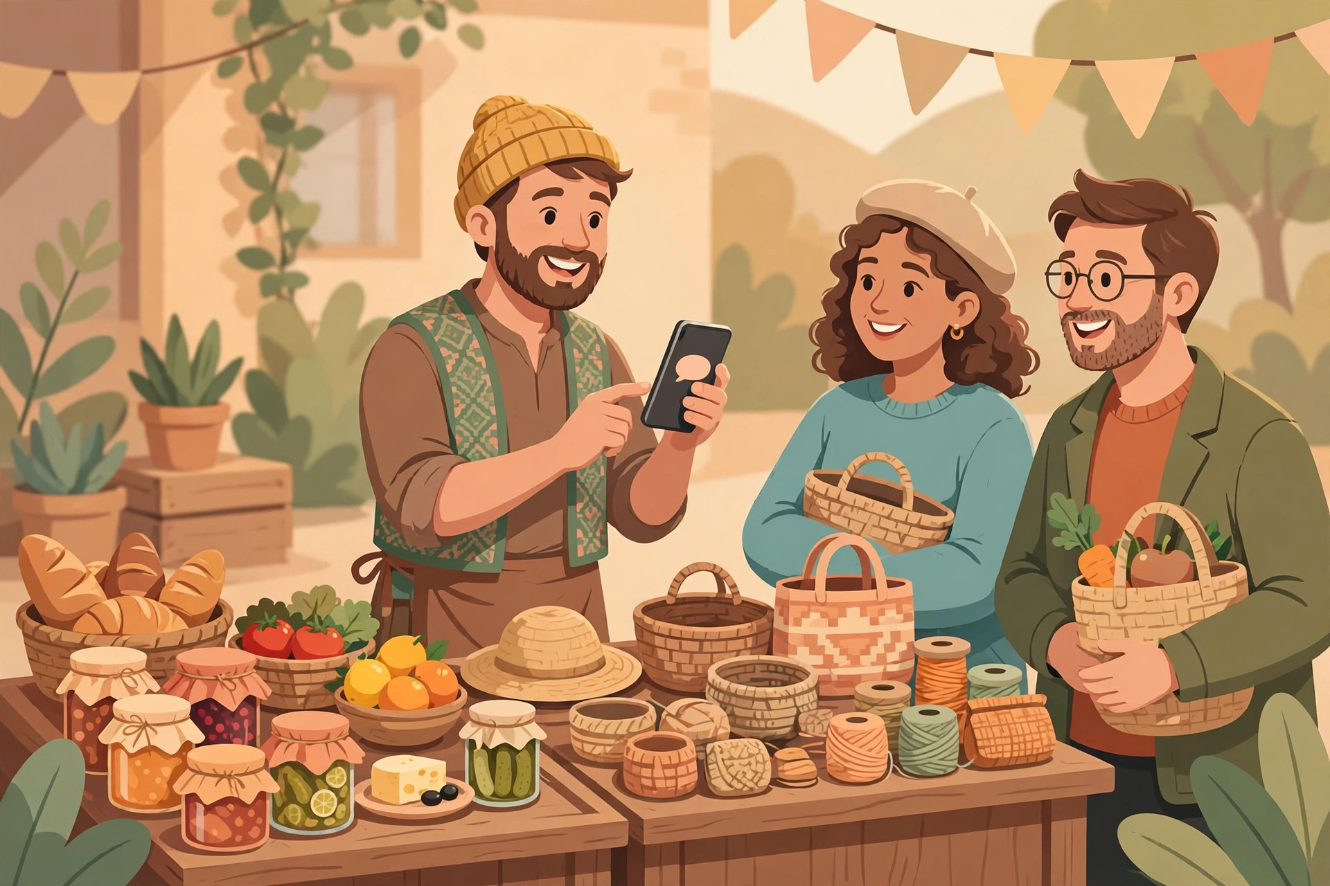 Ilustrasi warga desa memasarkan makanan dan kerajinan lewat ponsel