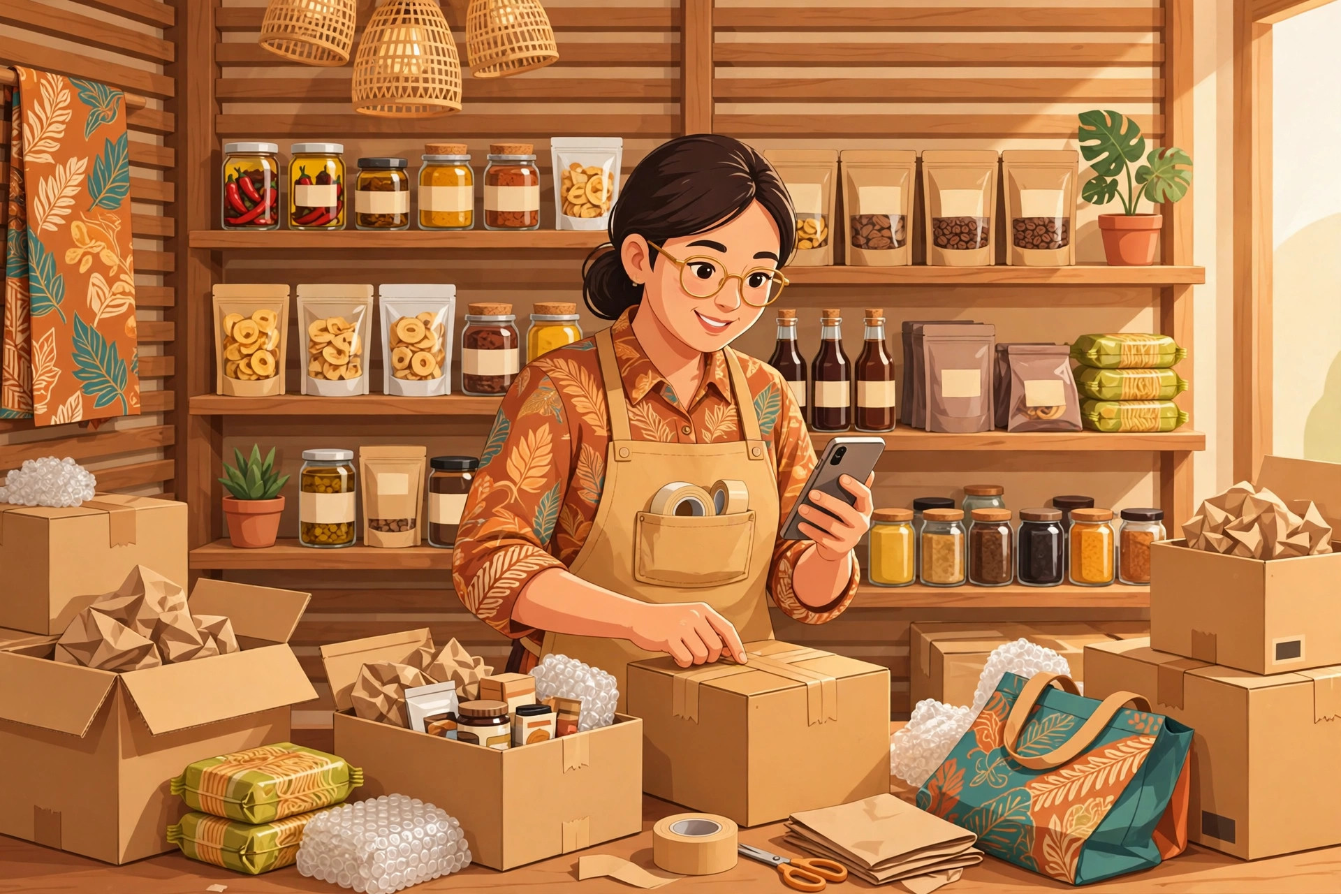 Pelaku usaha kecil menyiapkan pesanan online dari tokonya