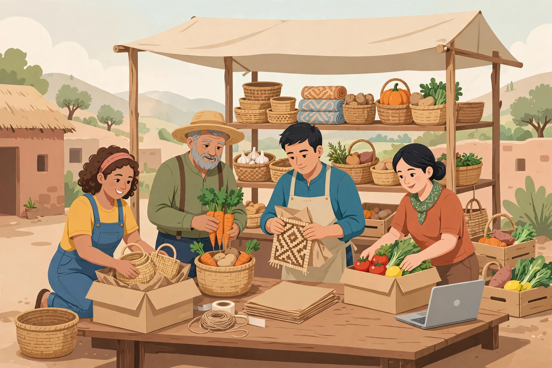 Ilustrasi warga desa mengemas produk lokal untuk dipasarkan