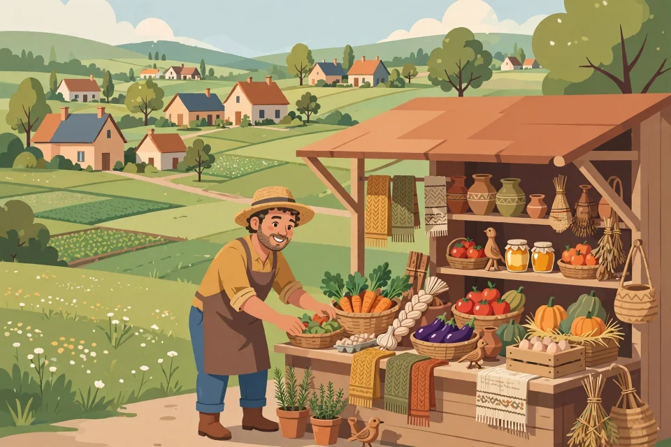Ilustrasi usaha kecil di pelosok desa yang berkembang dari potensi lokal