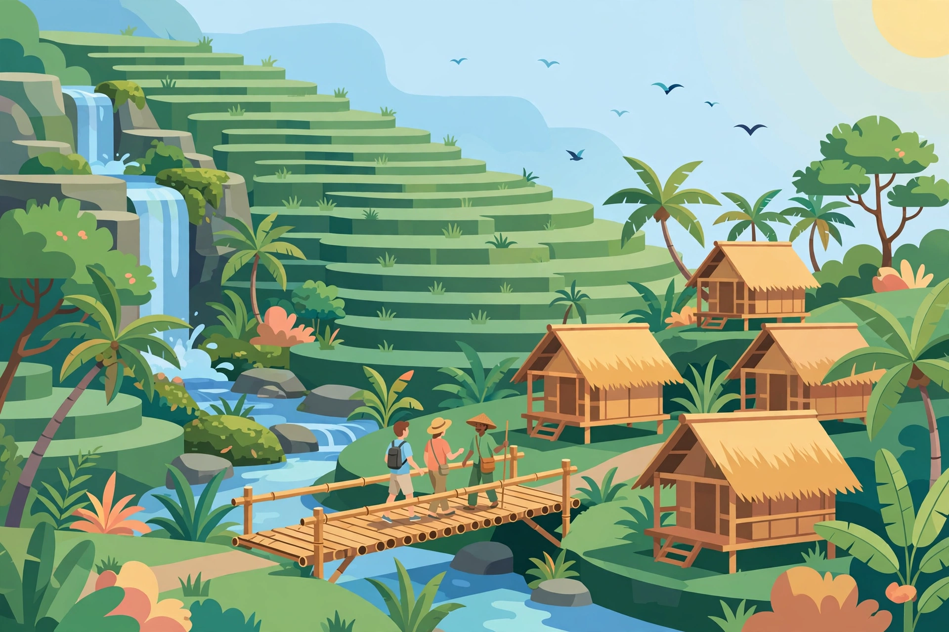 Ilustrasi ekowisata desa: sawah terasering, air terjun, dan homestay bambu