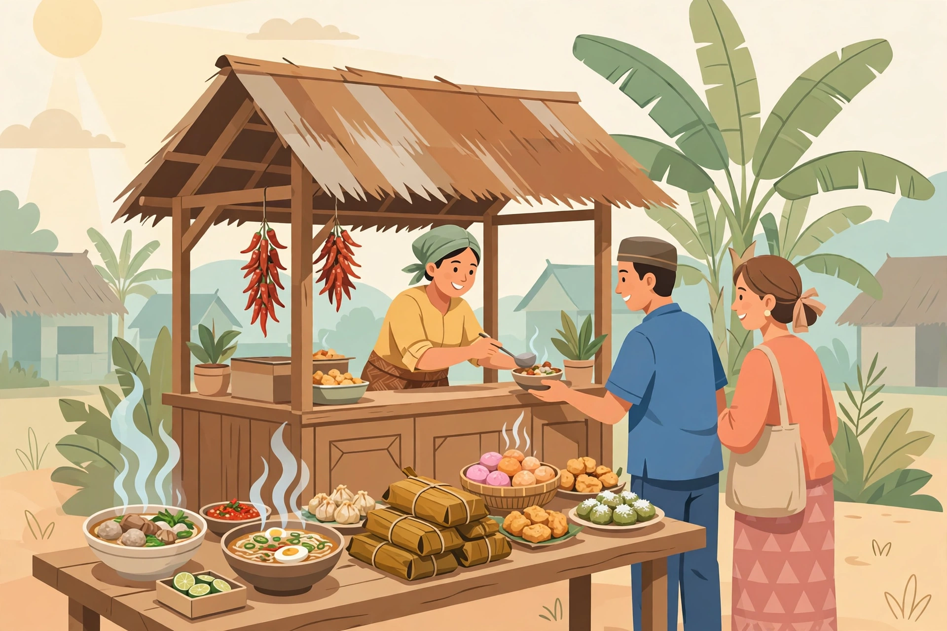 Ilustrasi warung kuliner khas desa dengan aneka jajanan tradisional
