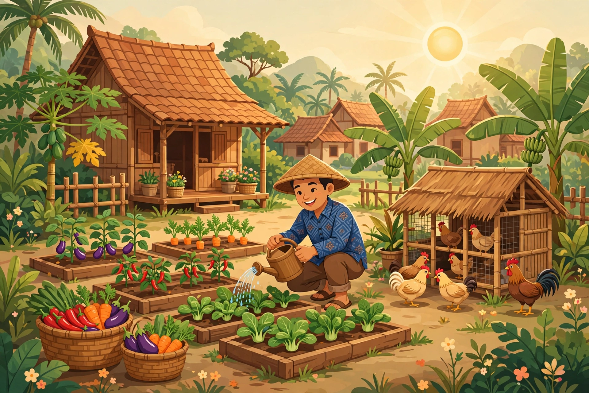 Ilustrasi kebun dan peternakan rumahan di desa