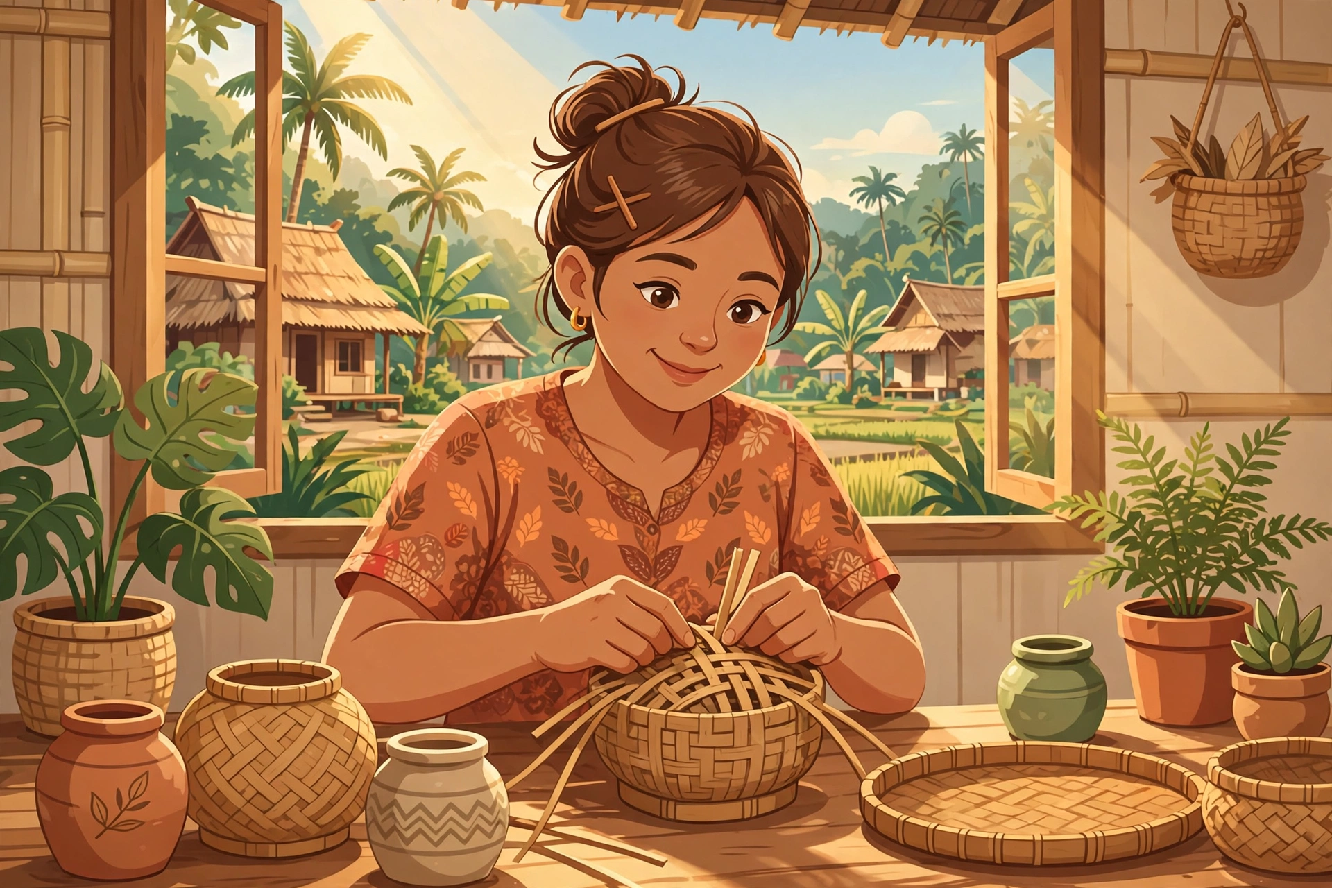 Ilustrasi membuat kerajinan tangan dari rumah di desa