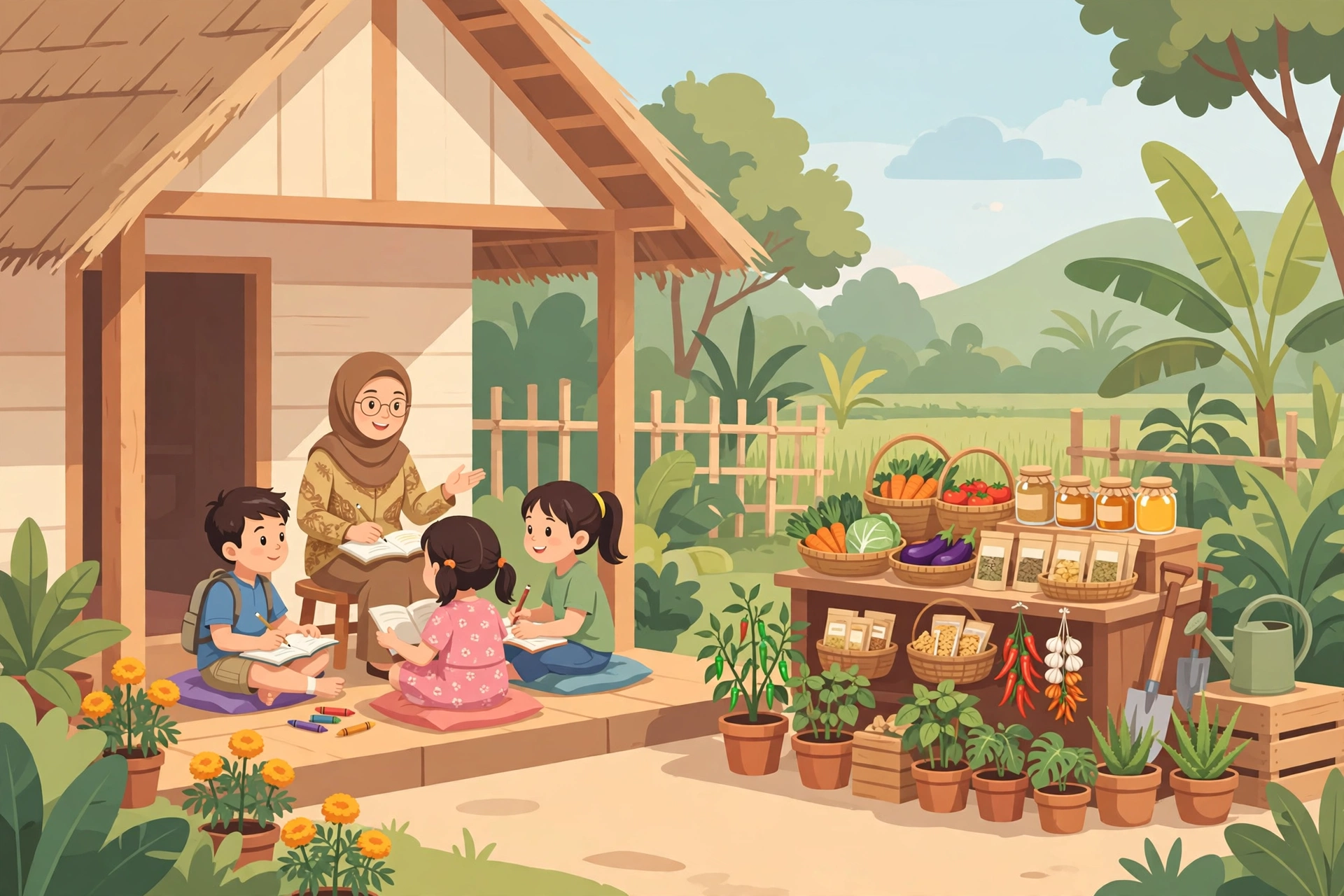 Ilustrasi guru desa mengajar les privat anak-anak di beranda rumah sambil berjualan produk lokal