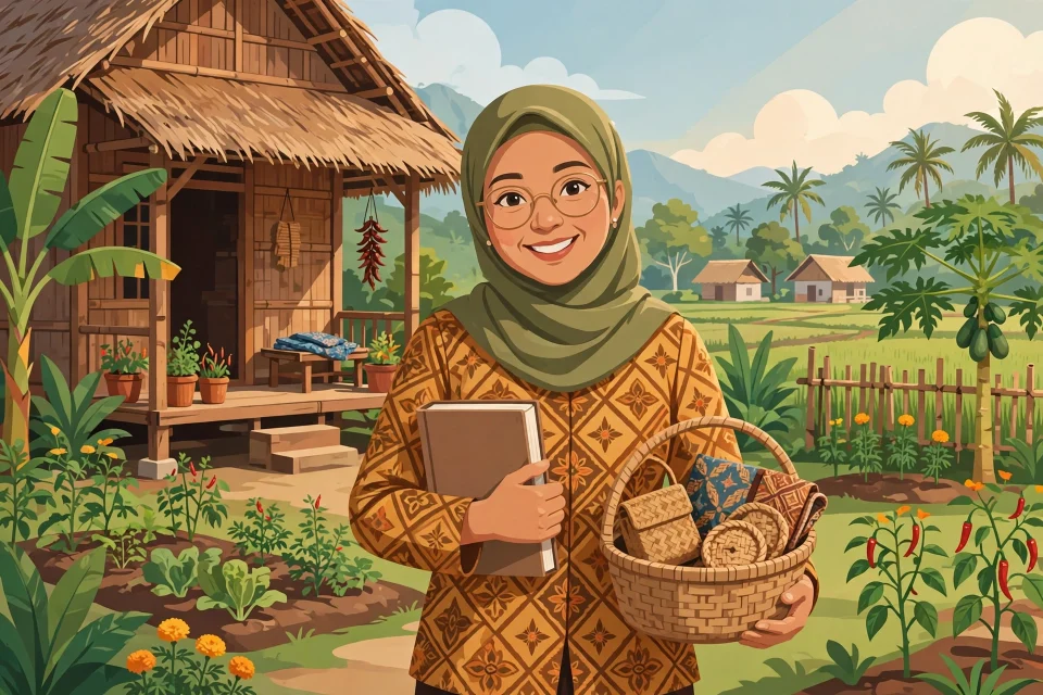 Ilustrasi guru desa tersenyum memegang buku dan kerajinan tangan di depan rumah dan kebun hijau
