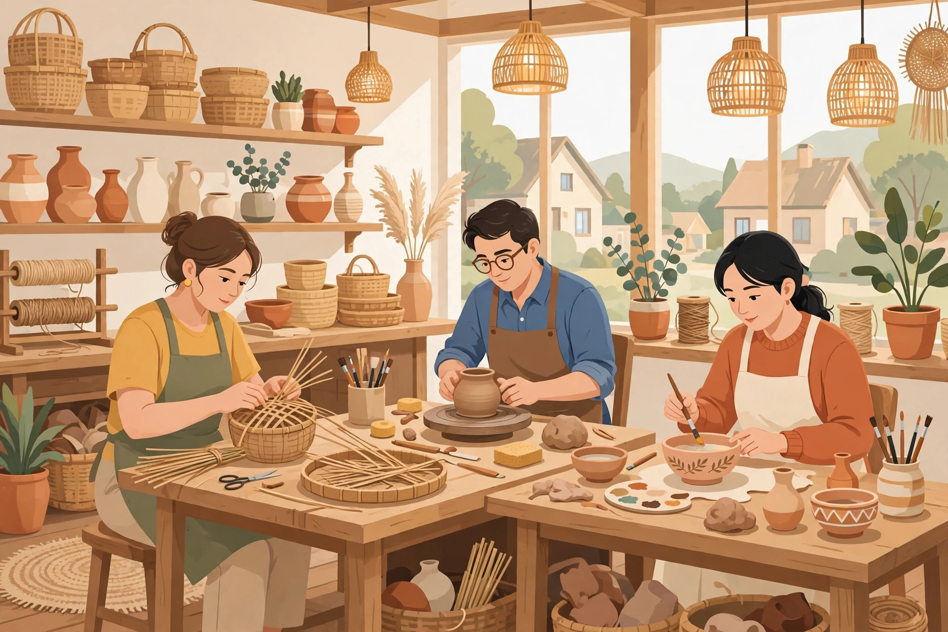 Ilustrasi pengrajin desa membuat kerajinan tangan