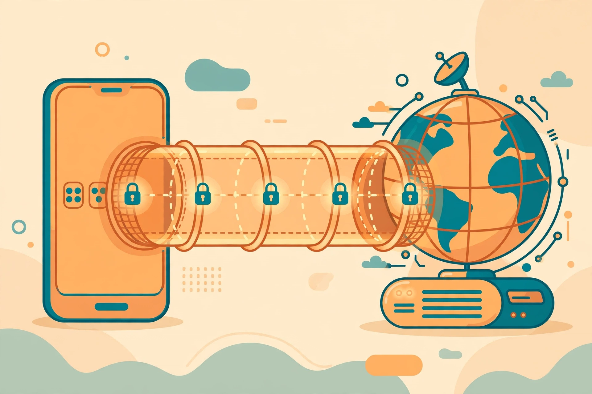 Ilustrasi cara kerja VPN sebagai terowongan terenkripsi antara perangkat dan server