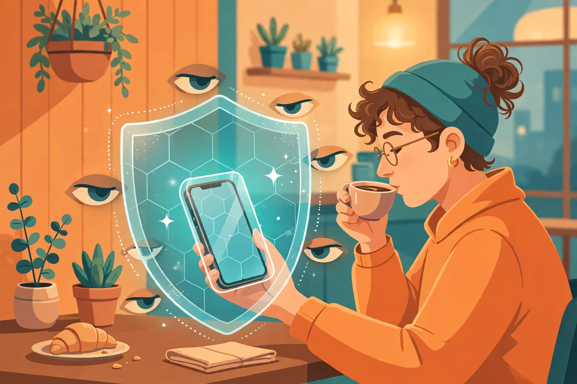 Ilustrasi seseorang memakai ponsel dengan aman di wifi publik kafe berkat perlindungan VPN
