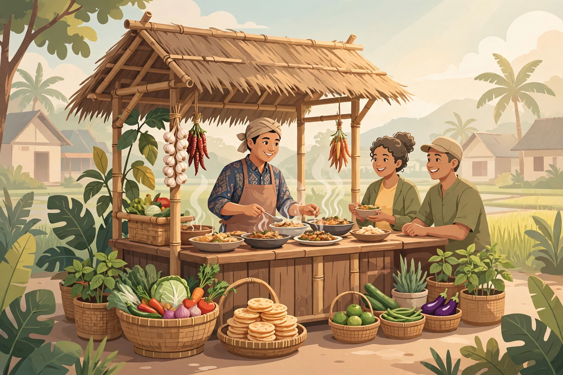 Ilustrasi warung kuliner di desa yang ramai pembeli