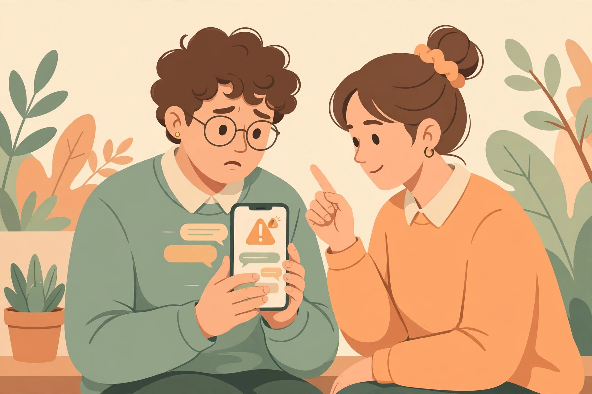 Ilustrasi seseorang memeriksa pesan mencurigakan di ponsel dengan tanda peringatan