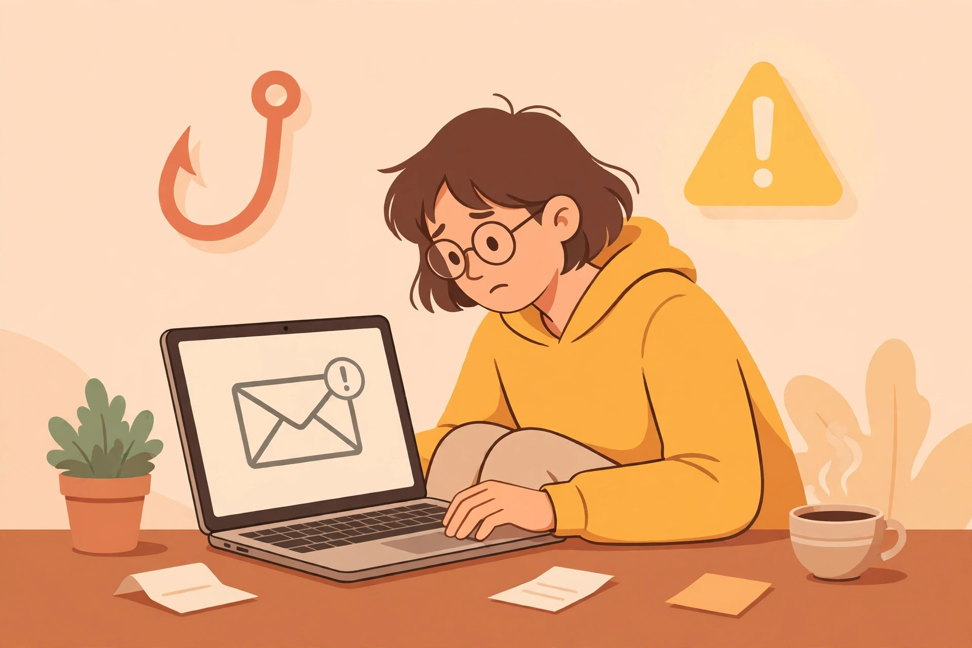 Ilustrasi seseorang memeriksa email mencurigakan di laptop, waspada terhadap phishing
