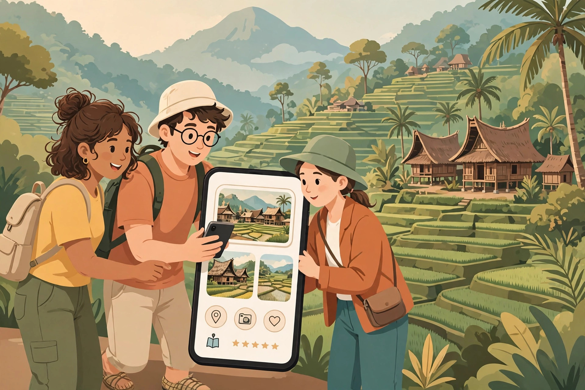 Ilustrasi wisatawan melihat website desa wisata di ponsel di tengah sawah terasering