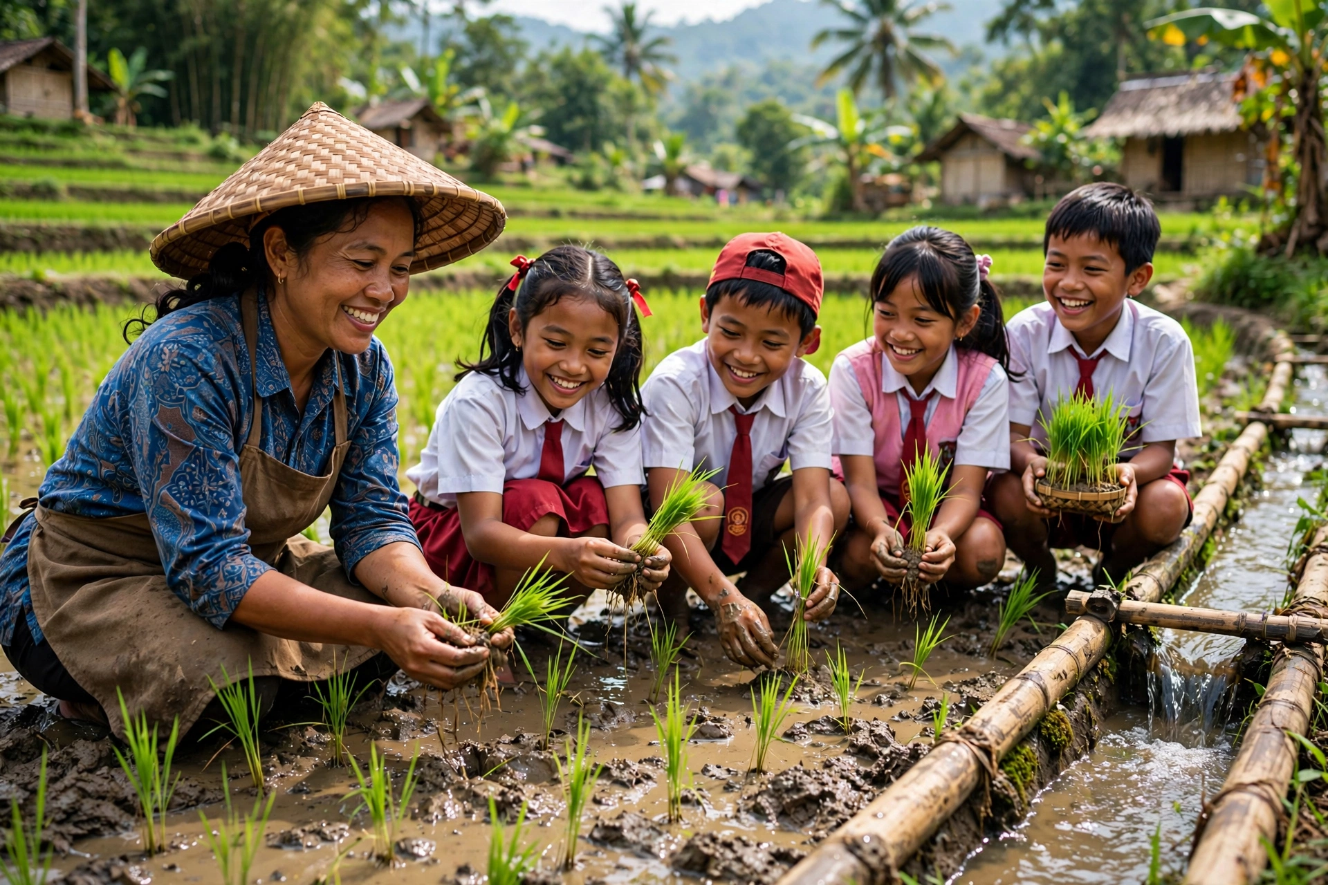 Anak-anak belajar menanam padi bersama petani di desa
